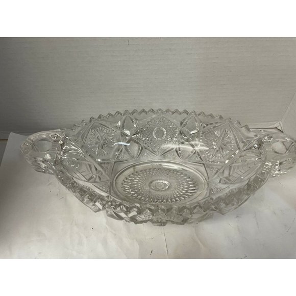 Antique American Nucut Glass Oval Bowl Dish SawTooth Rim Hobstar Vintage - Picture 10 of 10